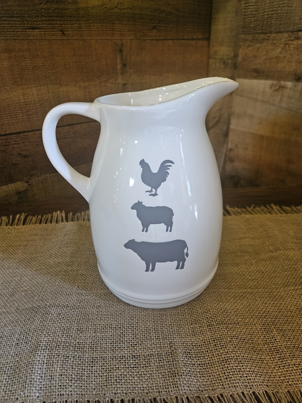 White Ceramic Farmhouse Pitcher with Gray Animal Silhouettes